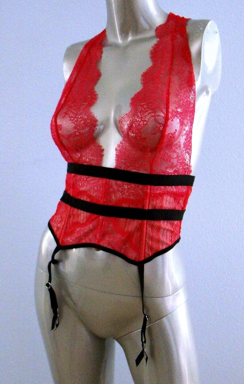 Victoria's Secret $248 Nwt Red Lace Plunge Strappy Halter Banded Garter Slip S